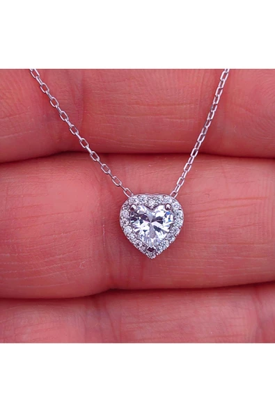 Taşlı Kalp Zincirli Kolye Ucu 925 Ayar Gümüş - Resim 3