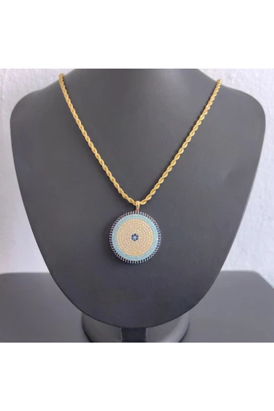 Üç Renk Zirkon Taşlı Nazar Boncuğu Bijuteri Kolye Ucu 22 Ayar Altın Kaplama - Resim 3