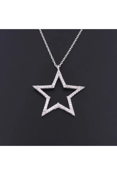 Zirkon Taşlı Içi Boş Yıldız Modeli Zincirli Kolye Ucu 925 Ayar Gümüş - Resim 2