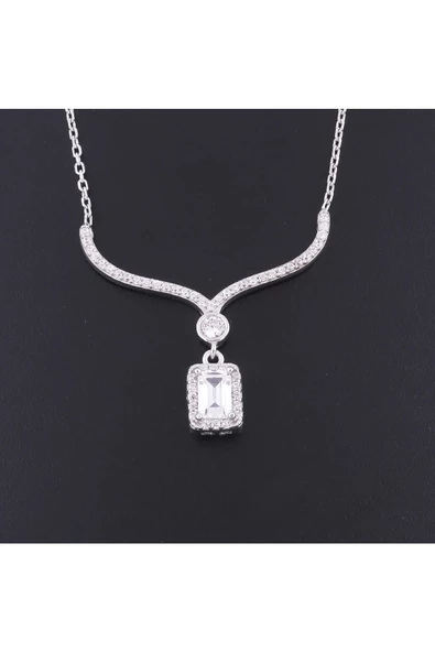 Zirkon Baget Taşlı Suyolu Modeli Zincirli Kolye Ucu 925 Ayar Gümüş - Resim 2