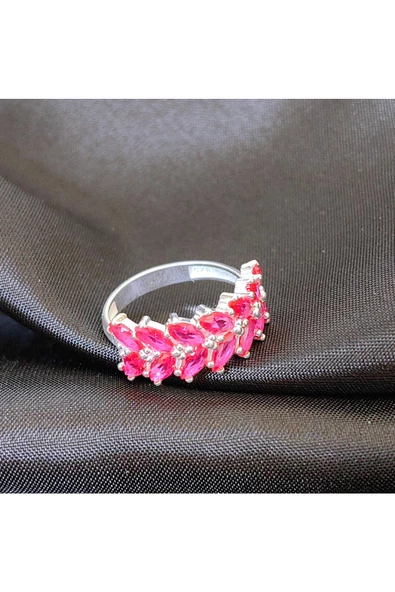 Koyu Pembe Renkli Zirkon Taşlı Yaprak Modeli Yüzük 925 Ayar Gümüş - 4