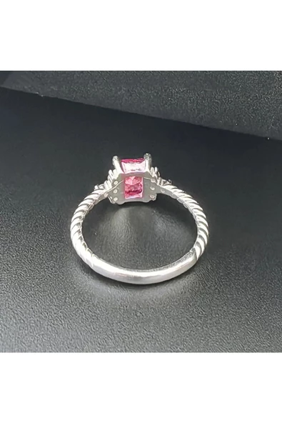Koyu Pembe Renkli Burgulu Tek Taş Modeli Yüzük 925 Ayar Gümüş - Resim 2