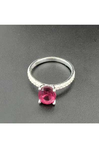 Elips Tek Taşlı Koyu Pembe Renkli Frapan Yüzük 925 Ayar Gümüş - Resim 2
