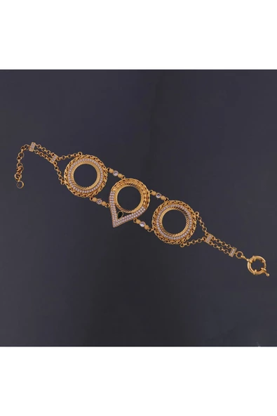 Zirkon Taşlı Üçlü Çeyreklik Zincir6 Bileklik 22 Ayar Altın Kaplama - Resim 2