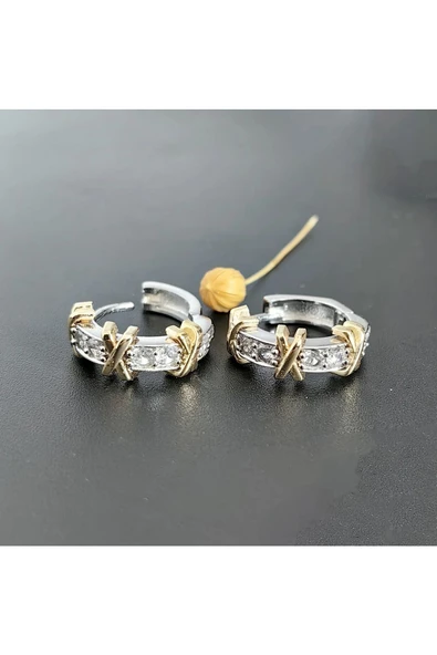 Zirkon Taşlı Gümüş ve Altın Kaplama İki Renk Bijuteri Küpe ürün görseli