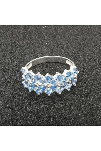 Mavi Renkli Zirkon Taşlı Yaprak Modeli Yüzük 925 Ayar Gümüş - 4