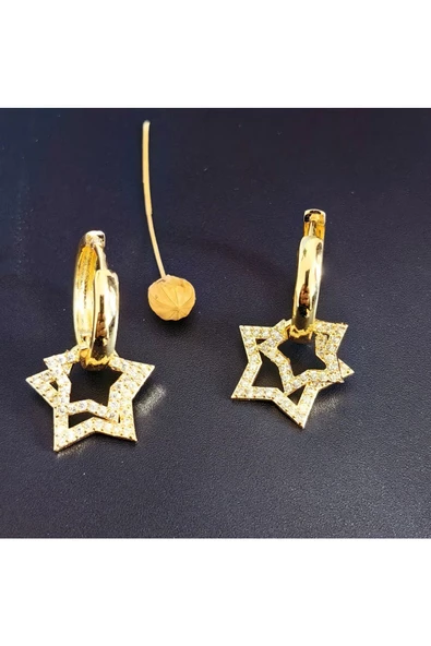 Zirkon Taşlı İki Yıldızlı Altın Kaplama Bijuteri Küpe - Resim 2