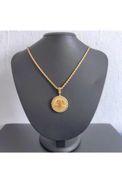 Zirkon Taşlı Tuğralı Yaprak Model Bijuteri Kolye Ucu 22 Ayar Altın Kaplama - Resim 2