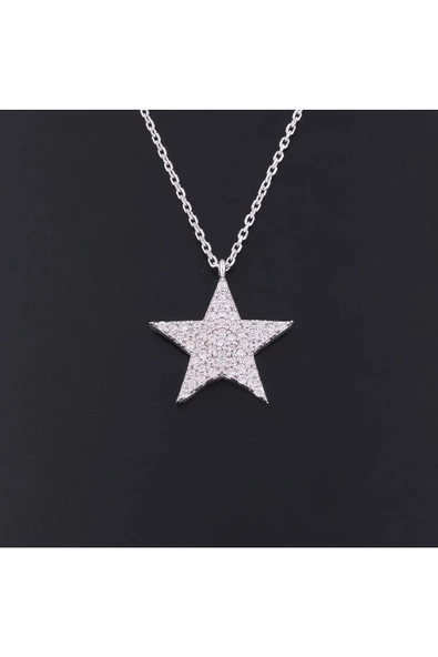 Zirkon Taşlı Yıldız Modeli Zincirli Kolye Ucu 925 Ayar Gümüş - Resim 2