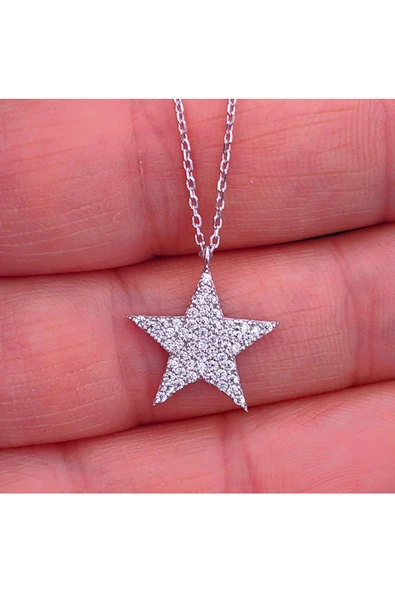Zirkon Taşlı Yıldız Modeli Zincirli Kolye Ucu 925 Ayar Gümüş - Resim 3