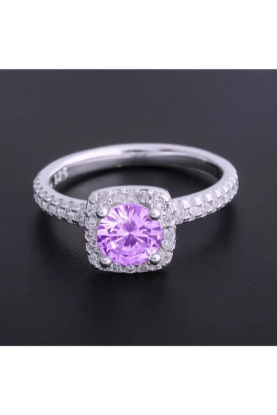 Tek Taş Eflatun Renkli Yüzük 925 Ayar Gümüş - Resim 2