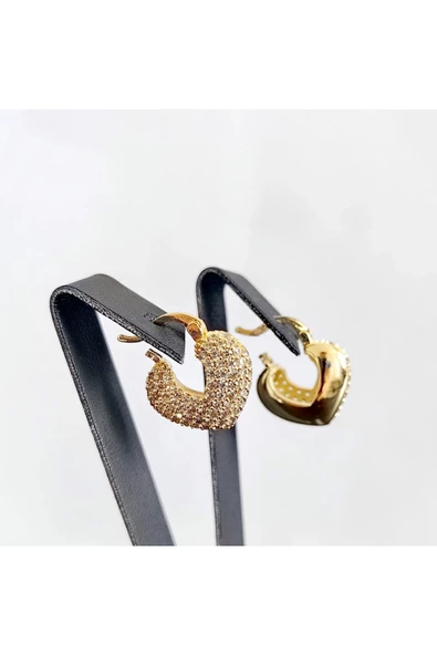 Zirkon Taşlı Kalp Modeli Altın Kaplama Bijuteri Küpe - Resim 3