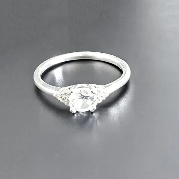 Yuvarlak İnce Tek Taş Bayan Yüzük 925 Ayar Gümüş - Resim 2