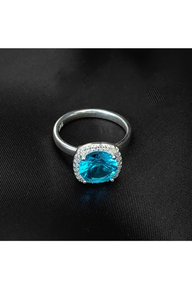 Yuvarlak Tek Taşlı Mavi Renkli Frapan Yüzük 925 Ayar Gümüş - 4