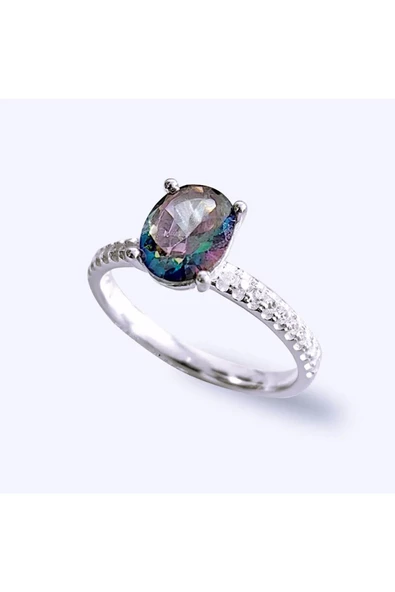 Elips Tek Mistik Taşlı Frapan Yüzük 925 Ayar Gümüş ürün görseli