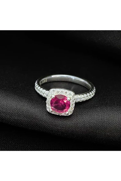 Koyu Pembe Renkli Yuvarlak Tek Taş Yüzük 925 Ayar Gümüş