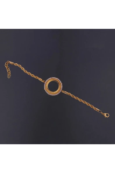 Zirkon Taşlı Çeyreklik Burgu Zincir4 Bileklik 22 Ayar Altın Kaplama - Resim 2
