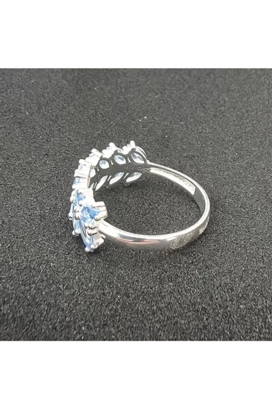 Mavi Renkli Zirkon Taşlı Yaprak Modeli Yüzük 925 Ayar Gümüş - 2