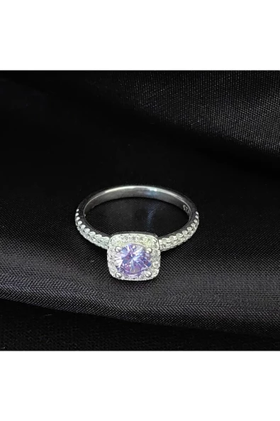 Eflatun Renkli Yuvarlak Tek Taş Yüzük 925 Ayar Gümüş - Resim 2