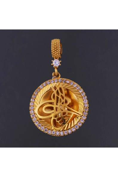 Tuğralı Tek Sıra Zirkon Taşlı Bijuteri Kolye Ucu 22 Ayar Altın Kaplama