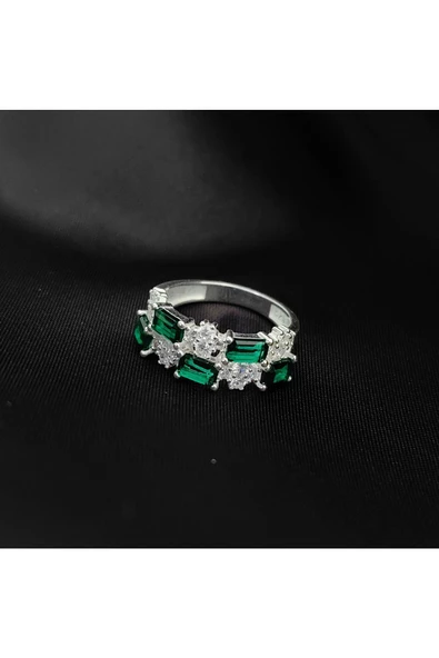 Yeşil Ve Beyaz Renkli Baget Taşlı Yüzük 925 Ayar Gümüş - Resim 4