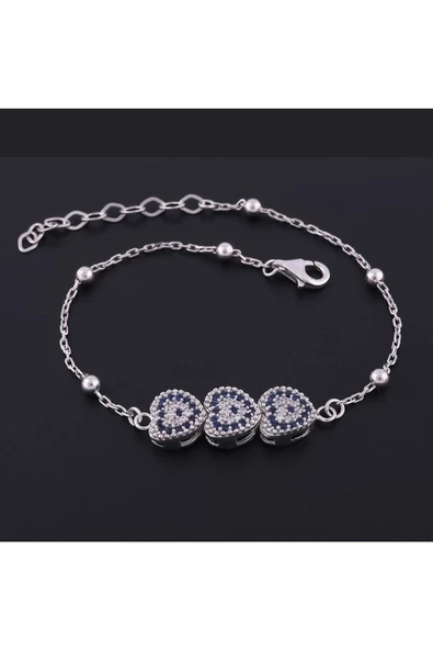 Eskitme 3'lü Kalp Modeli Mavi Beyaz Zirkon Taşlı Zincirli Bileklik 925 Ayar Gümüş - Resim 2