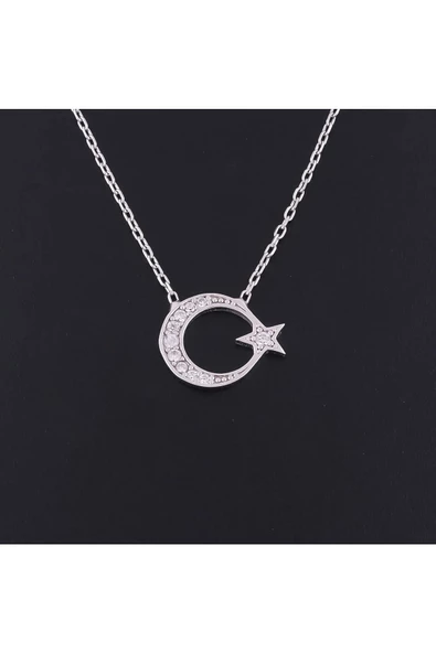 Zirkon Taşlı Ay Yıldız Modeli Zincirli Kolye Ucu 925 Ayar Gümüş - Resim 2