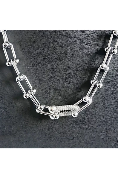 Zirkon Taşlı  Kalın Zincir Gümüş Kaplama Bijuteri Kolye1 - Resim 2