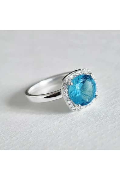 Yuvarlak Tek Taşlı Mavi Renkli Frapan Yüzük 925 Ayar Gümüş - 3