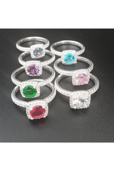 Tek Taş Renkli Baget Taşlı Yüzük 925 Ayar Gümüş - 3