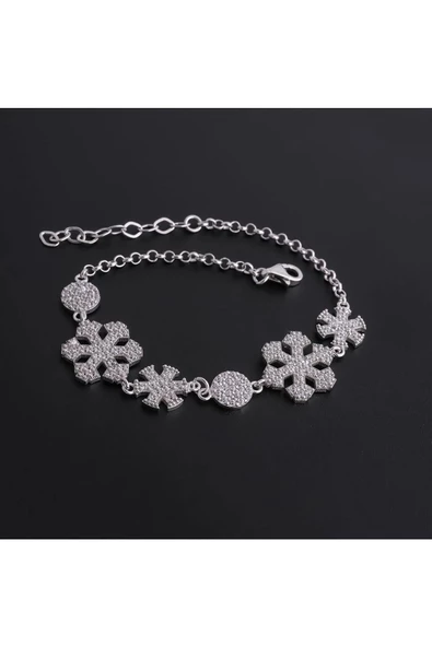 Kar Tanesi Modeli Taşlı Zincirli Bileklik 925 Ayar Gümüş - Resim 2