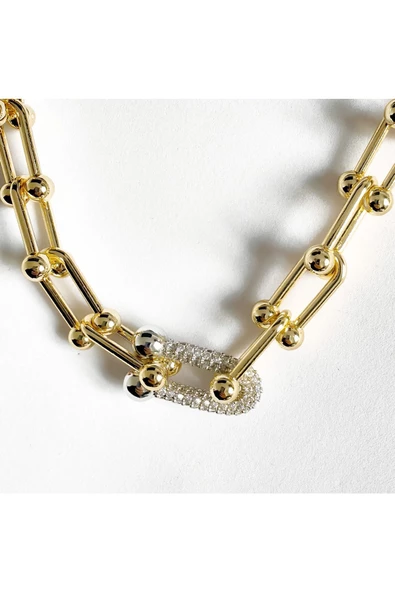 Zirkon Taşlı Kalın Zincir Altın ve Gümüş Kaplama Bijuteri Kolye4 - Resim 2