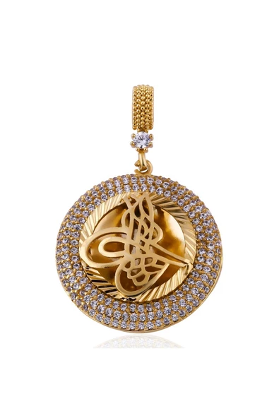 Tuğralı Üç Sıra Zirkon Taşlı Bijuteri Kolye Ucu 22 Ayar Altın Kaplama - Resim 2