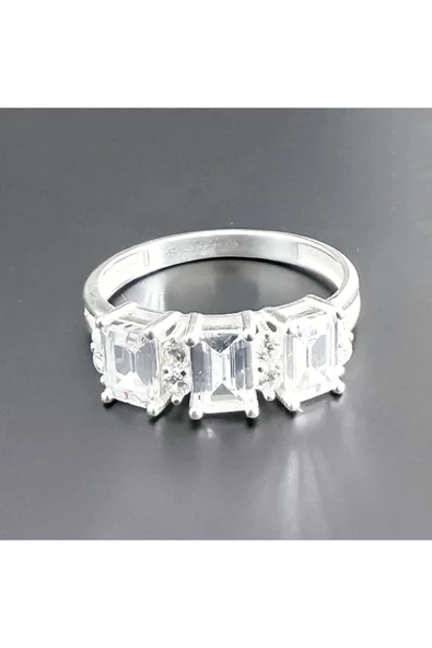 Üç Baget Taşlı Yüzük 925 Ayar Gümüş - Resim 2