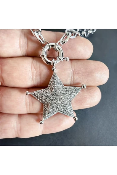 Yıldız Motifli Ve Kalın Zincir Gümüş Kaplama Zirkon Taşlı Bay Bijuteri Kolye Zincir - 4