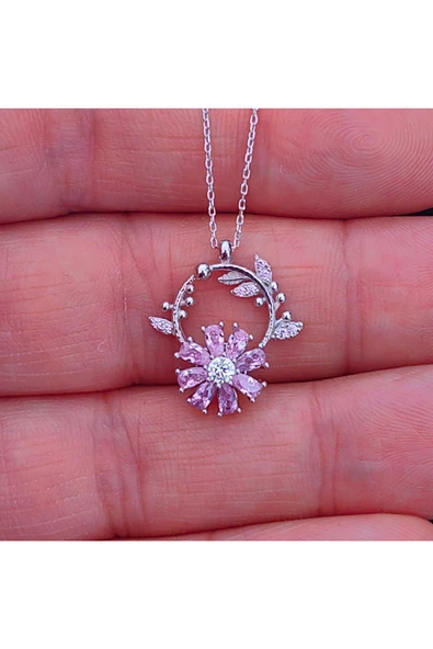 Pembe Zirkon Taşlı Papatya Modeli Rüzgar Gülü Zincirli Kolye Ucu 925 Ayar Gümüş - Resim 3
