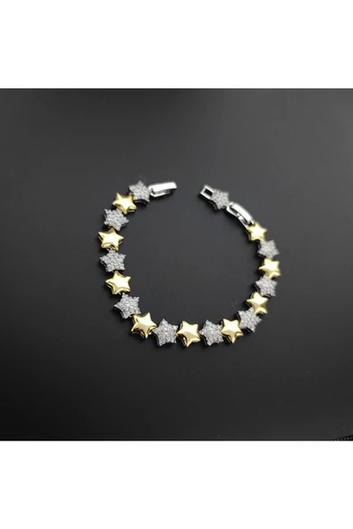 Altın Ve Gümüş Renkli Zirkon Taşlı Yıldız Modeli Ayarlanabilir Bijuteri Bileklik - Resim 3