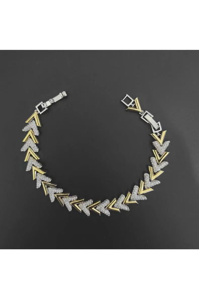 Altın Ve Gümüş Renkli Zirkon Taşlı Ayarlanabilir Ölçülü Bijuteri Bileklik ürün görseli