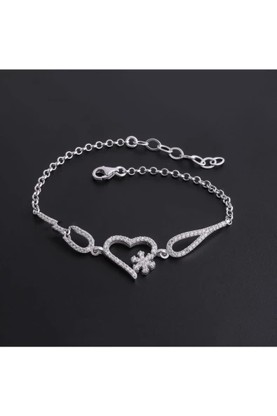 925 Ayar Gümüş Kalpli Kar Tanesi Modeli Zincirli  Bileklik - Resim 2