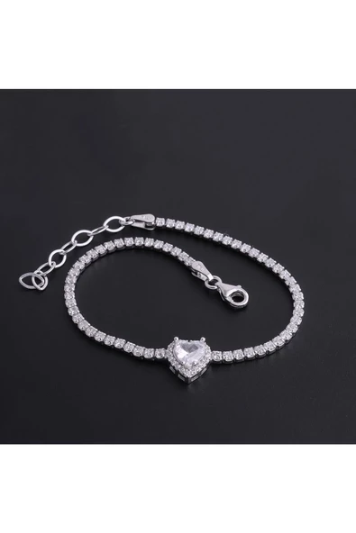 (925 AYAR) Gümüş Zirkon Taşlı Tek Kalp Suyolu Modeli Bileklik - Resim 2