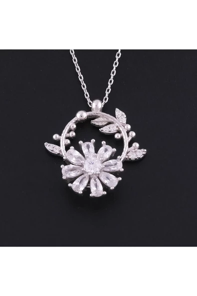 Zirkon Taşlı Papatya Modeli Rüzgar Gülü Zincirli Kolye Ucu 925 Ayar Gümüş - Resim 2