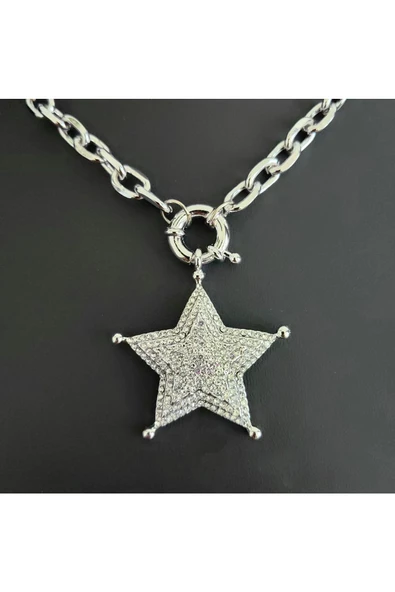 Yıldız Motifli Ve Kalın Zincir Gümüş Kaplama Zirkon Taşlı Bay Bijuteri Kolye Zincir