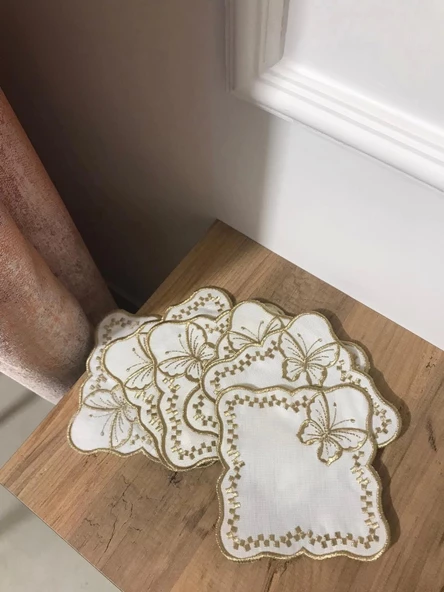 NİVEMESHOME KELEBEK GOLD KARE (6 ADET) KETEN KOKTEYL PEÇETESİ KAHVE YANI SUNUMLUK - 5