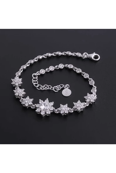 925 Ayar Gümüş Zirkon Taşlı Bahar Çiçeği Zincirli Bileklik - Resim 2