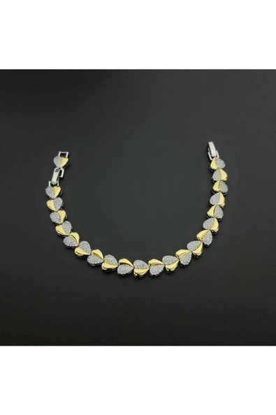 Altın Ve Gümüş Renkli Zirkon Taşlı Kalp Modeli Ayarlanabilir Bijuteri Bileklik - Resim 2