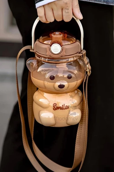 2li Şeffaf Smile Ayıcık Matarası 1000ml Askılı Okul Çocuk Su Şişesi Pipetli Sızdırmaz Kokusuz Suluk - 4