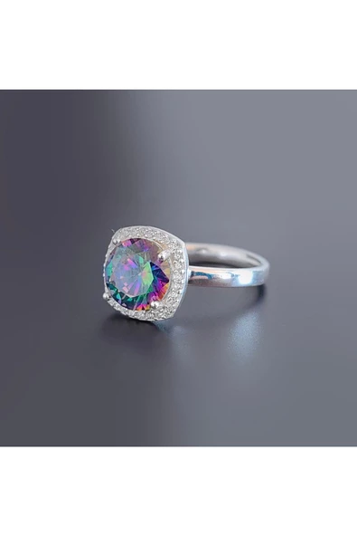 Yuvarlak Tek Taşlı Mistik Renkli Frapan Yüzük 925 Ayar Gümüş - Resim 2