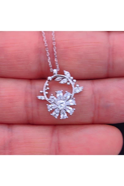 Zirkon Taşlı Papatya Modeli Rüzgar Gülü Zincirli Kolye Ucu 925 Ayar Gümüş - Resim 3