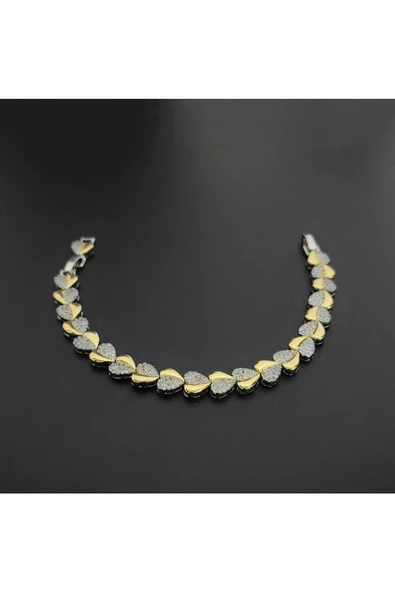 Altın Ve Gümüş Renkli Zirkon Taşlı Kalp Modeli Ayarlanabilir Bijuteri Bileklik ürün görseli