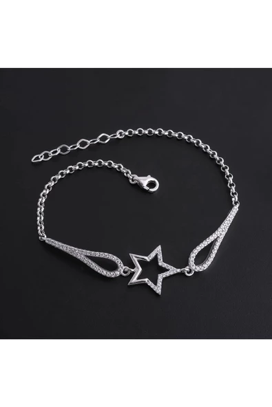 925 Ayar Gümüş Zirkon Taşlı Yıldız Modeli Zincirli Bileklik - Resim 2